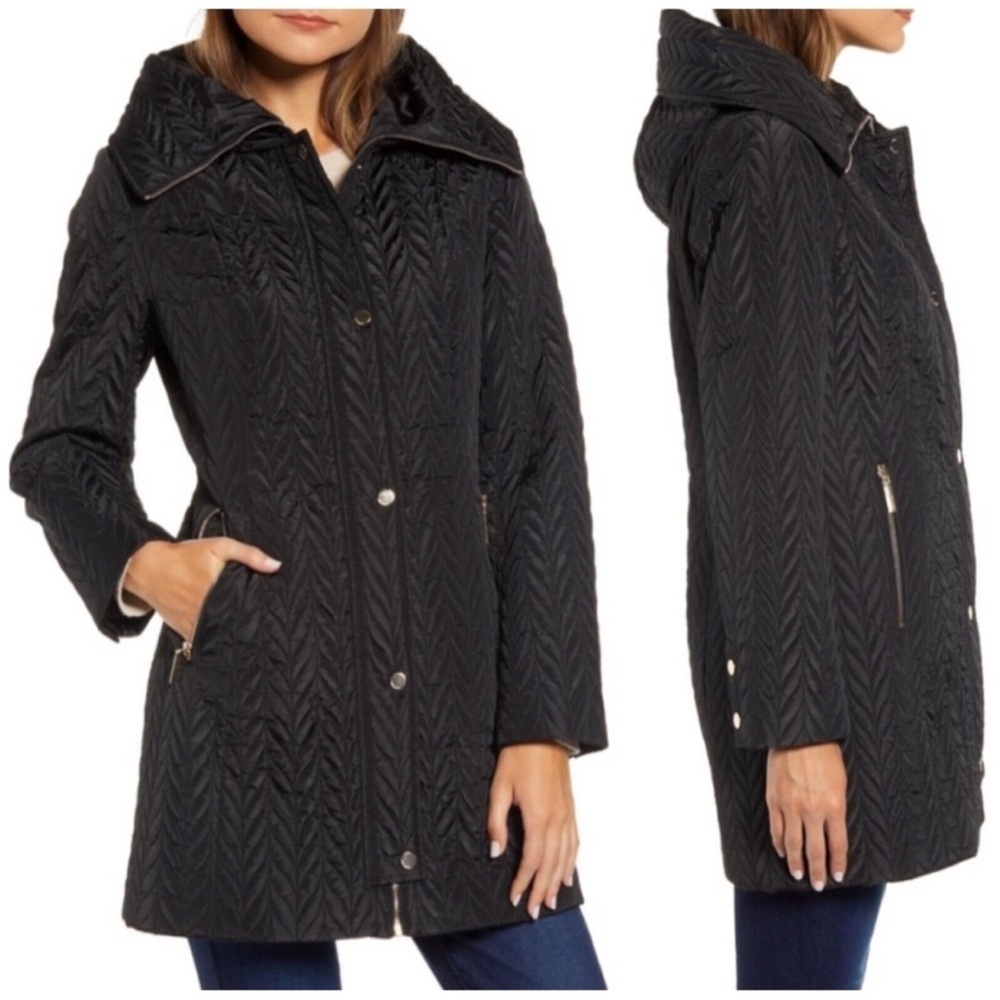 Kate Spade Black Quilted Herringbone Hooded Jacket